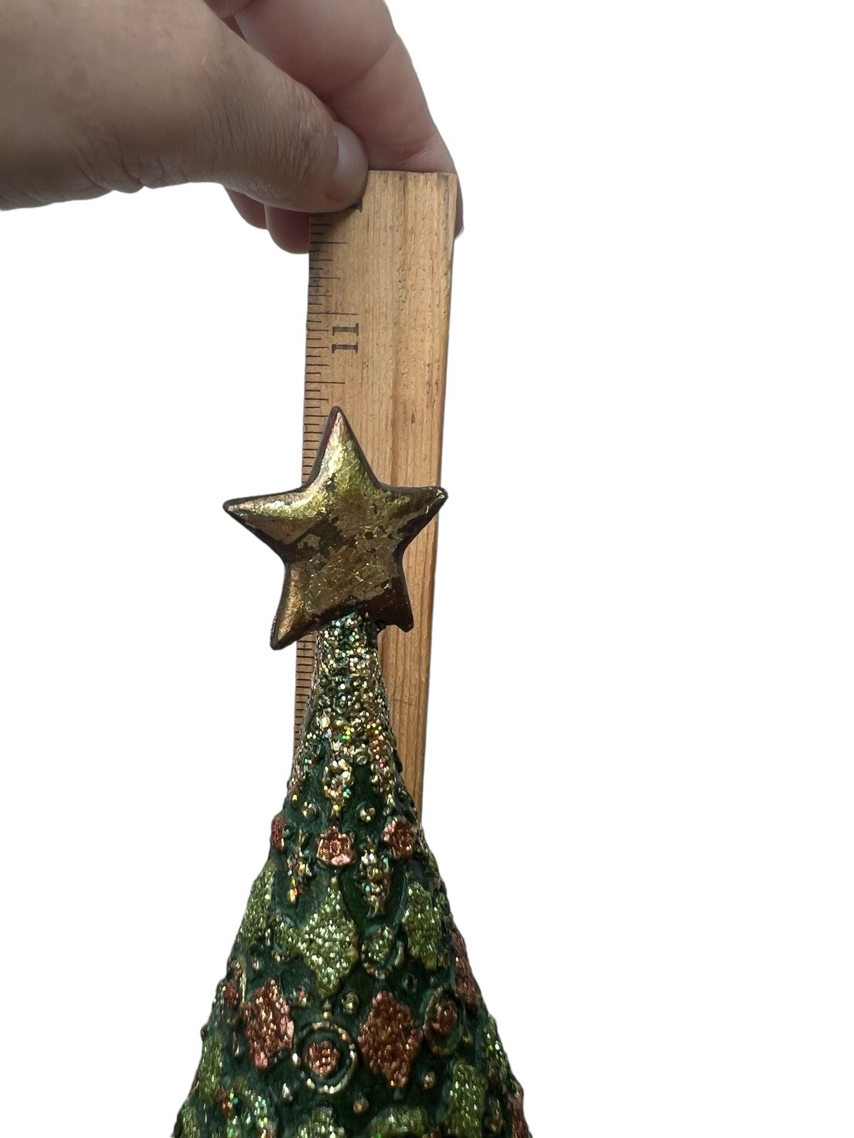 Green Copper Gold Resin Glittered Cone Tree On Base Matching Decorative Box NOS