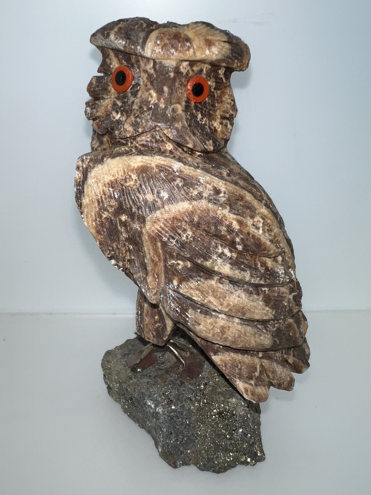 Hand Carved Multigemstone Sculpture Owl Made In Peru. 4.75 Inches Tall