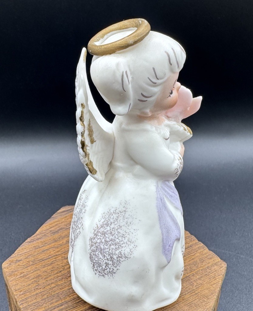 Vintage Lefton Porcelain August Birthday Angel Pink Flowers Gold Trim Figurine