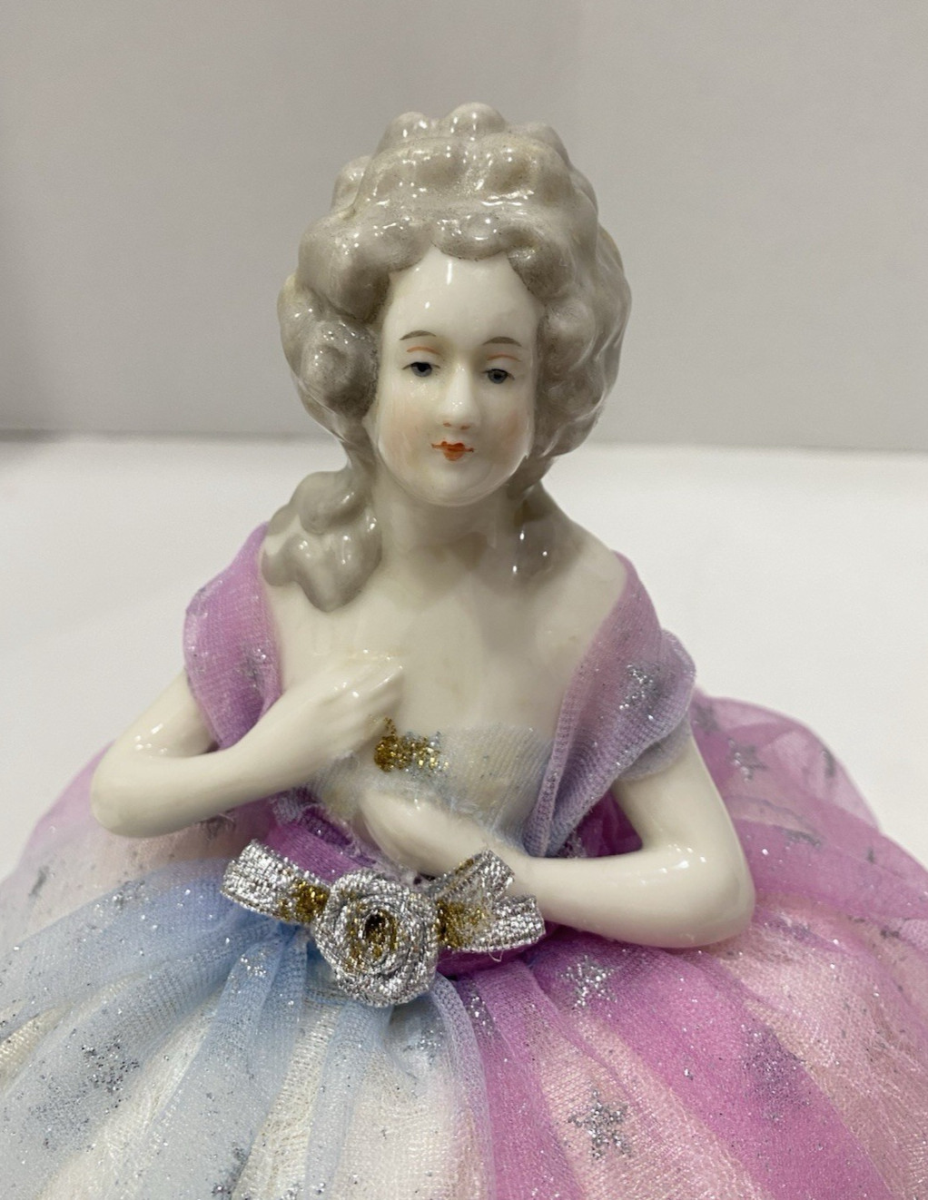 Vintage Germany Porcelain Vanity Half Doll Pin Cushion Star Dress Lavender Blue