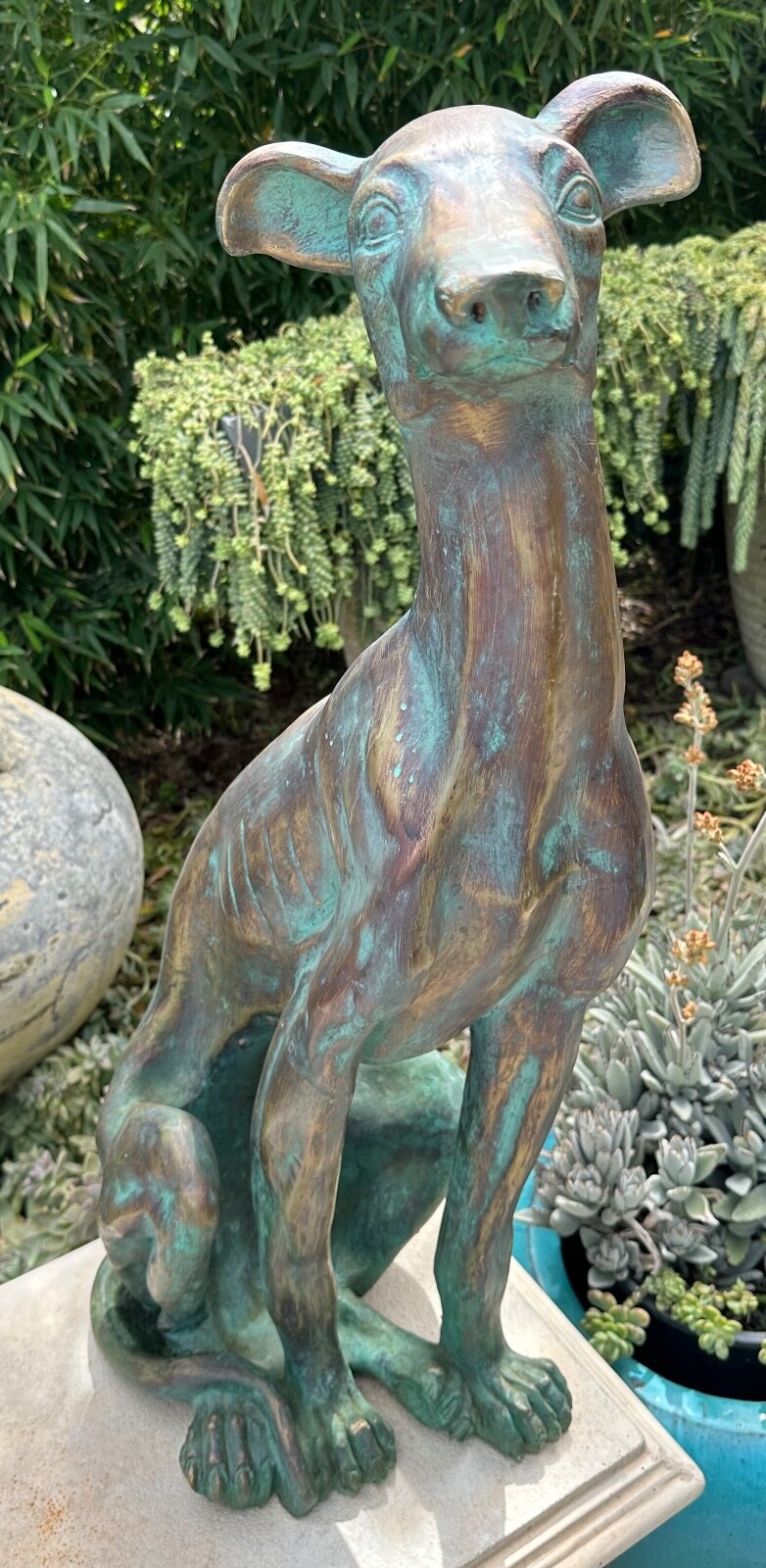 Vintage Italian Life Size Carved Wood Gold Verdigris Greyhound Baroque Sculpture