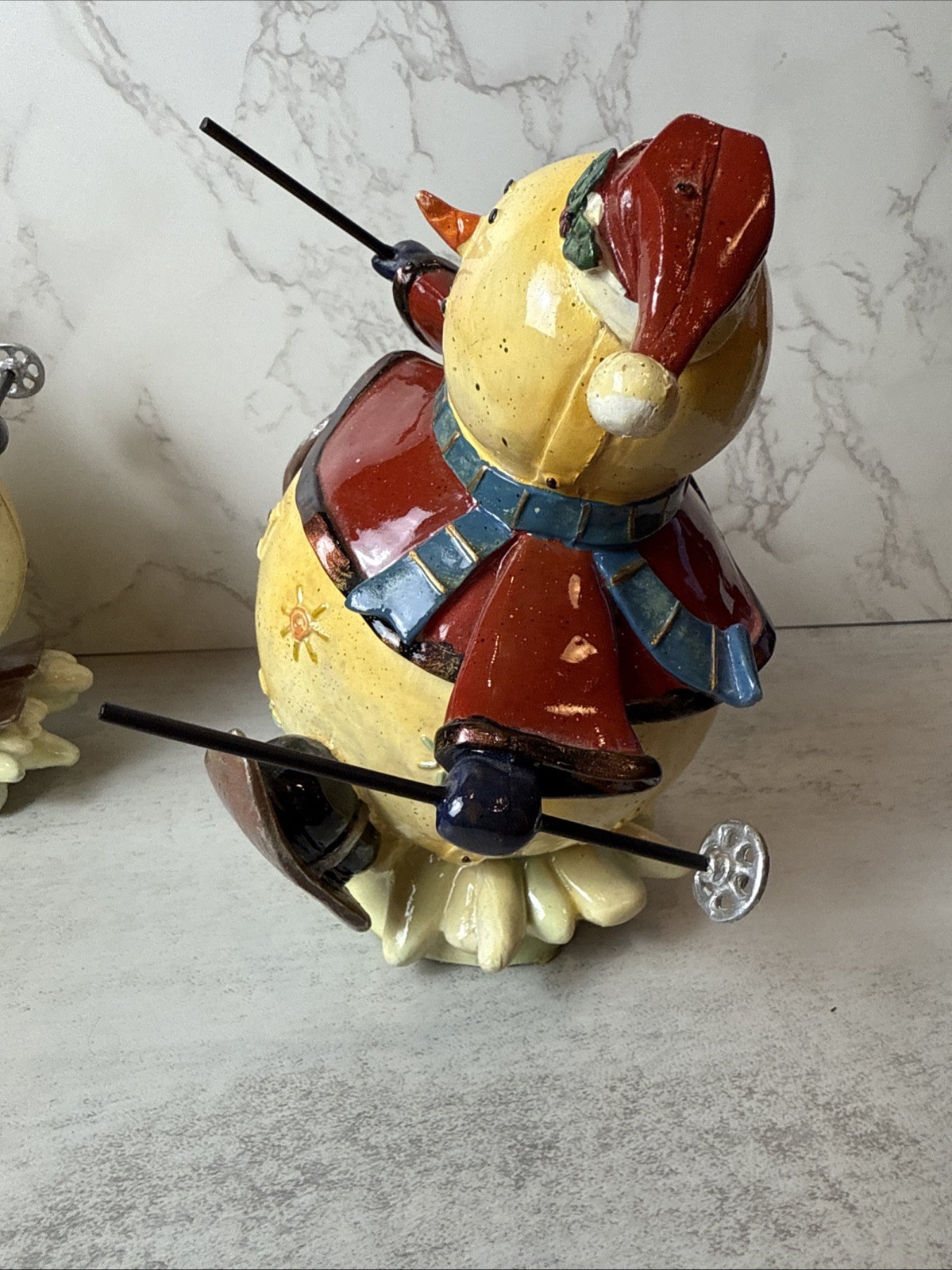 2 Whimsy Kirklands Roly Poly Skiing Snowmen Figurines With Skis and Poles 8”