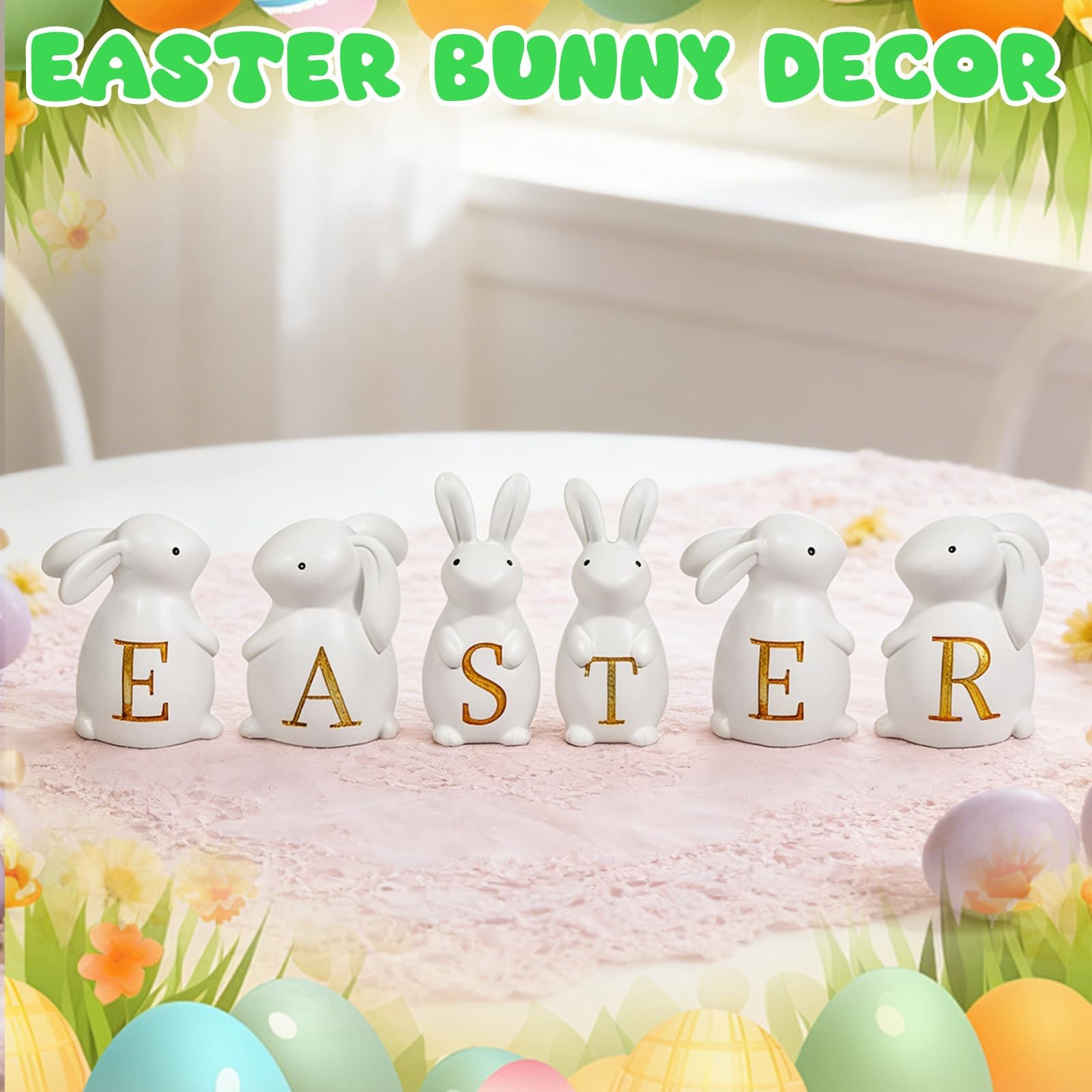 6 PCS White Resin Easter Bunny Figurines Gold Letters Spring Tabletop Decor