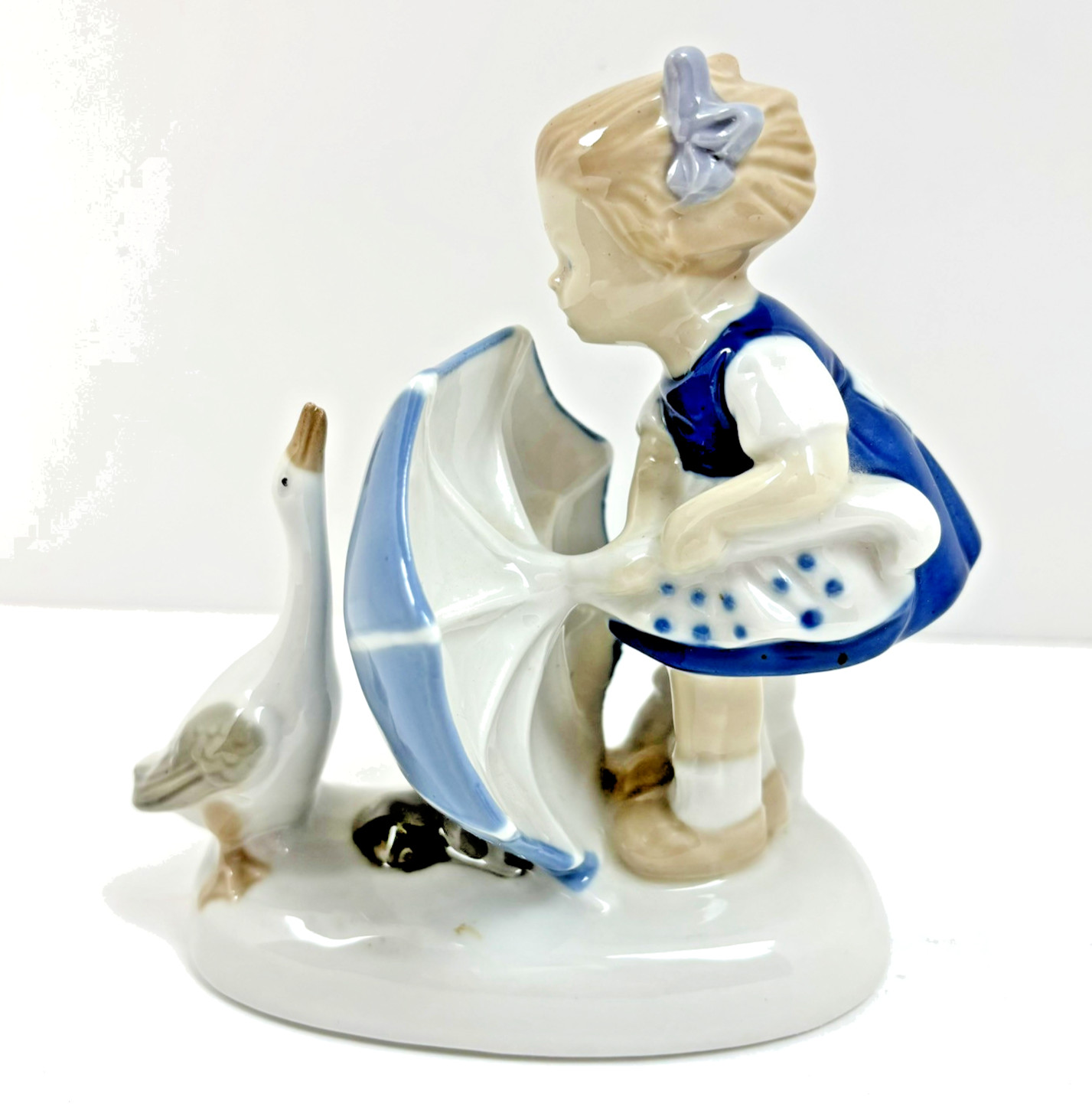 Vintage Girl Umbrella Goose Figurine Porcelain Blues White Gray GDR Backstamp