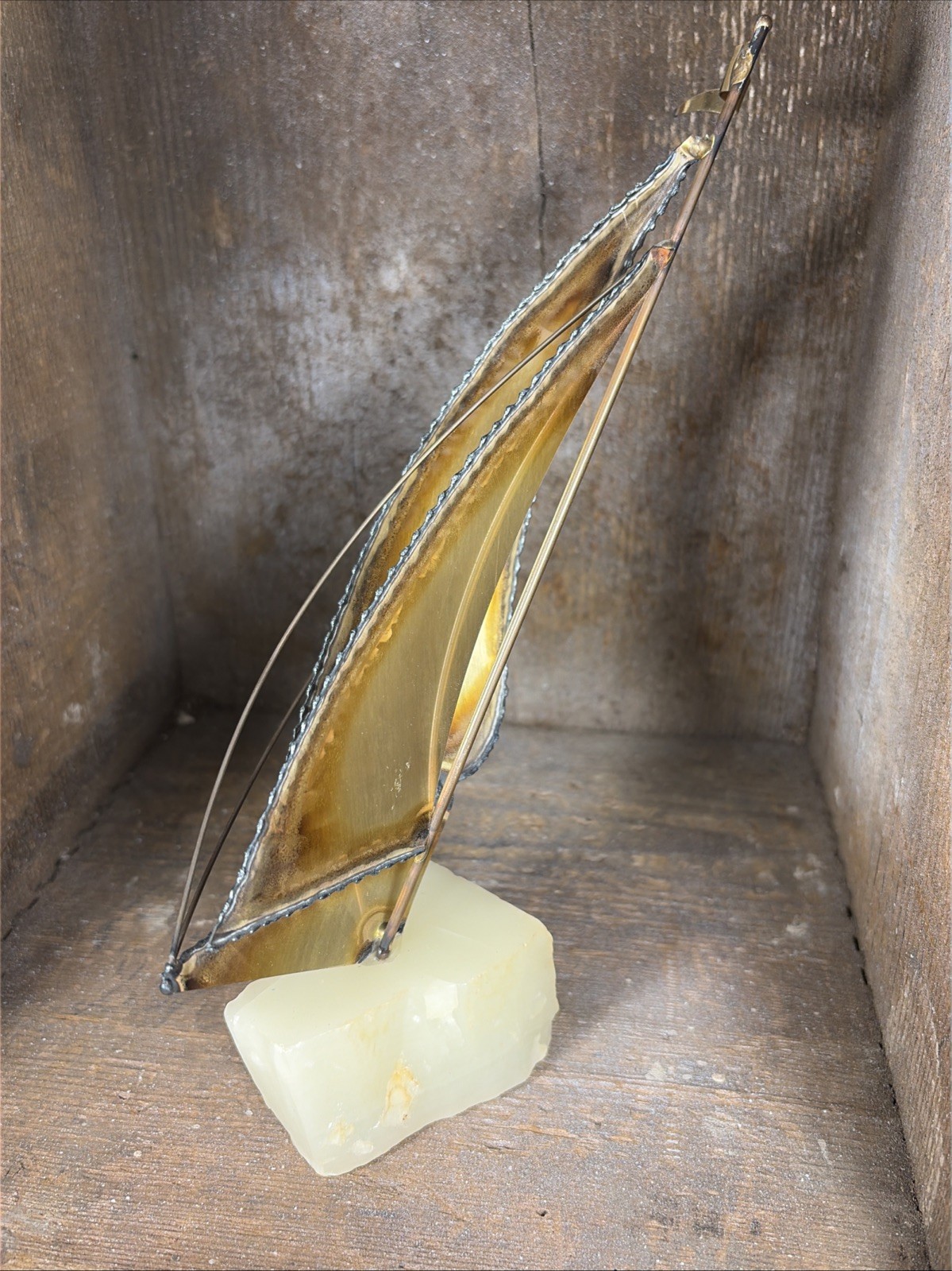 Mario Jason MCM Brutalist Brass Copper & Onyx Sailboat Sculpture Signed Base HBB