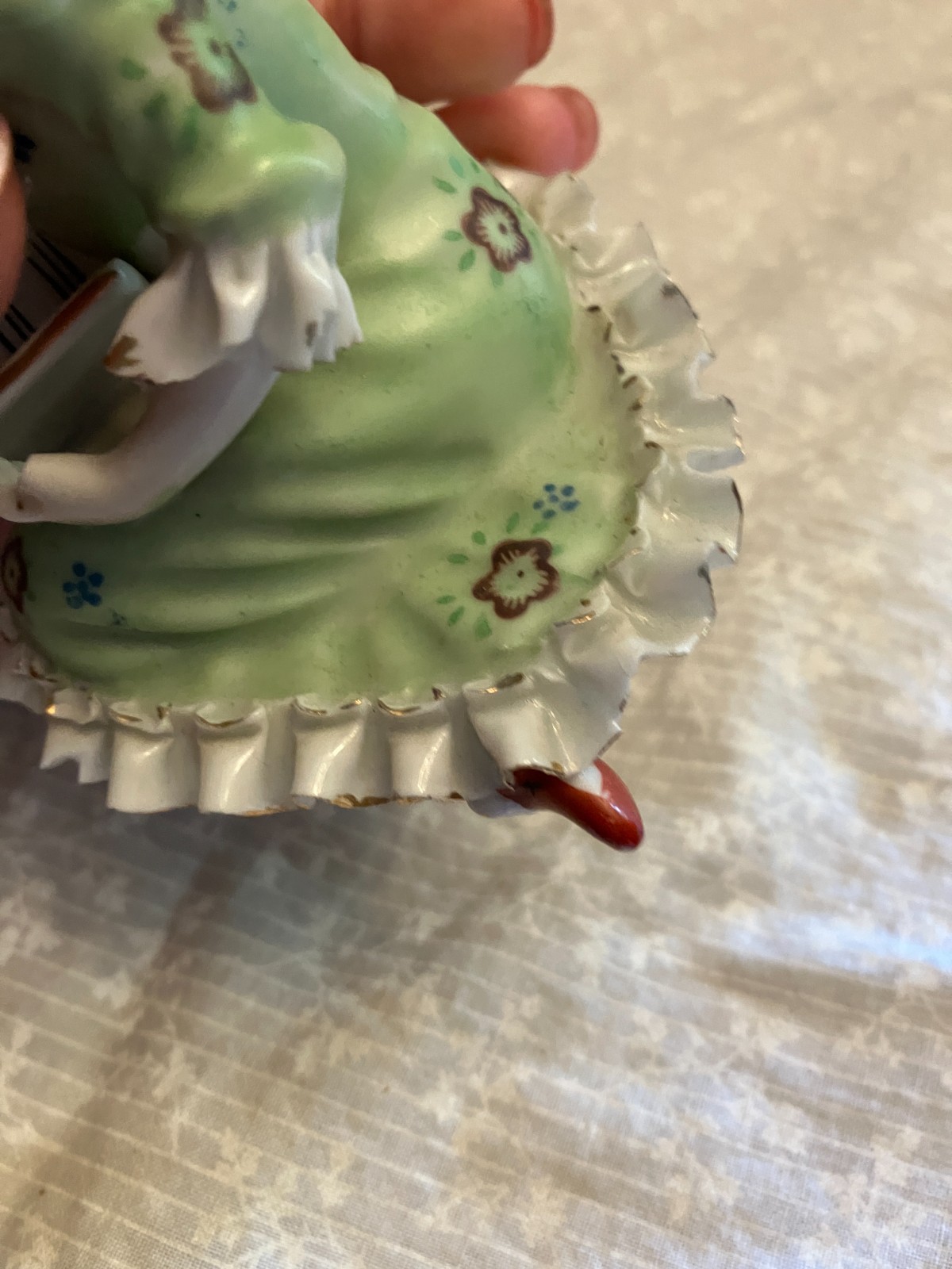 vintage Wales porcelain. Meissen style bone china. Lace boy with flute and girl