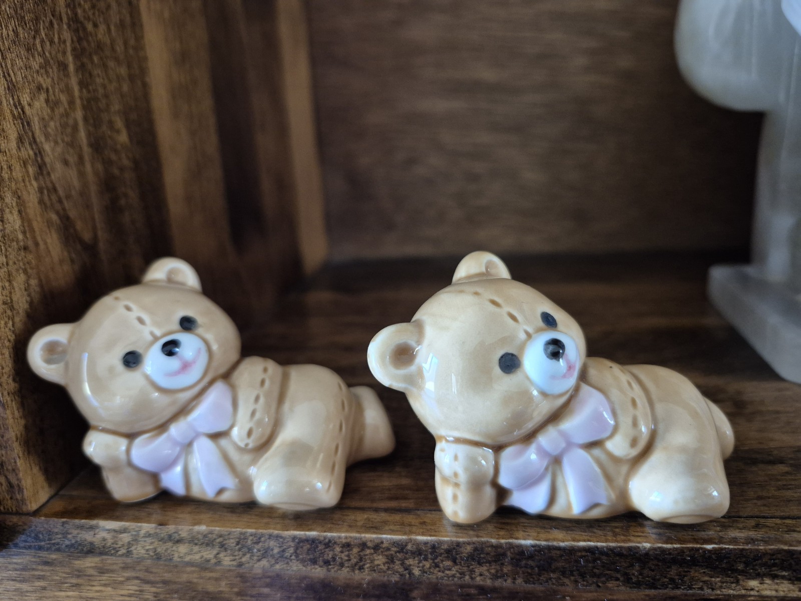 Pair Of Vintage Russ Berrie Patchwork ceramic bear cub figures Laying On Shelf