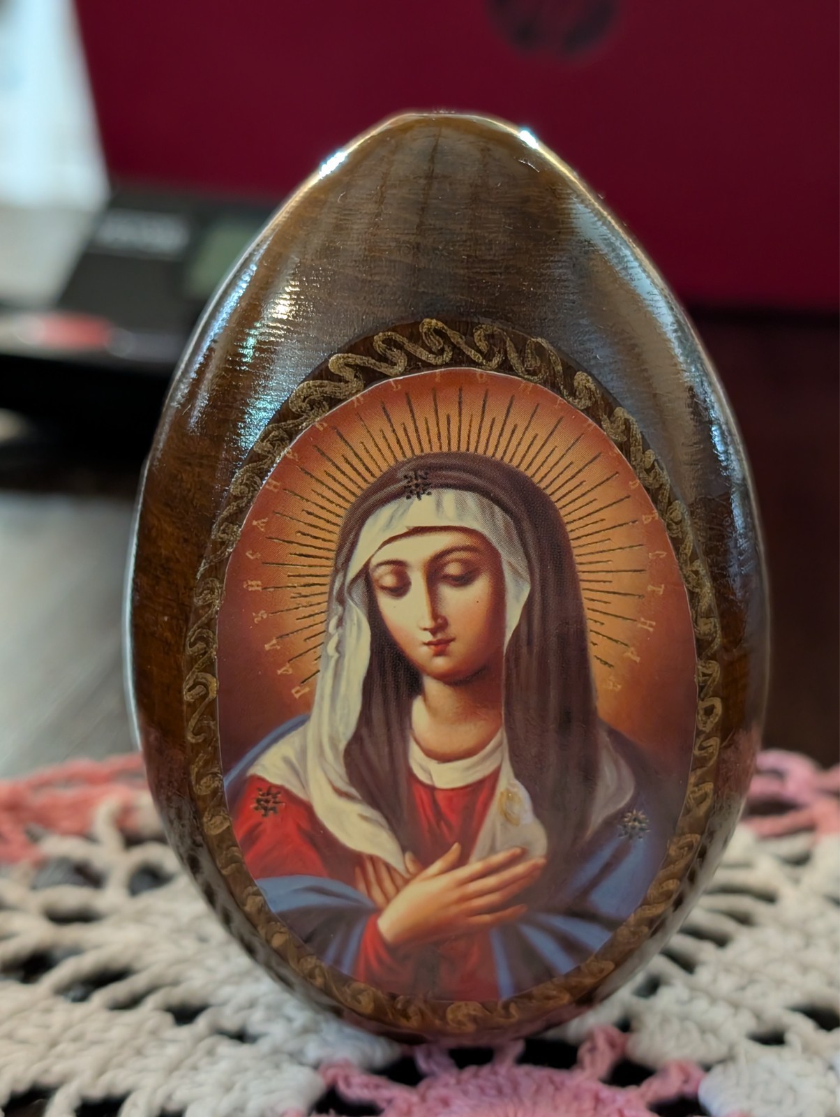 Vintage Russian Orthodox Wooden Hand-Crafted religious-Egg Mary mother of God