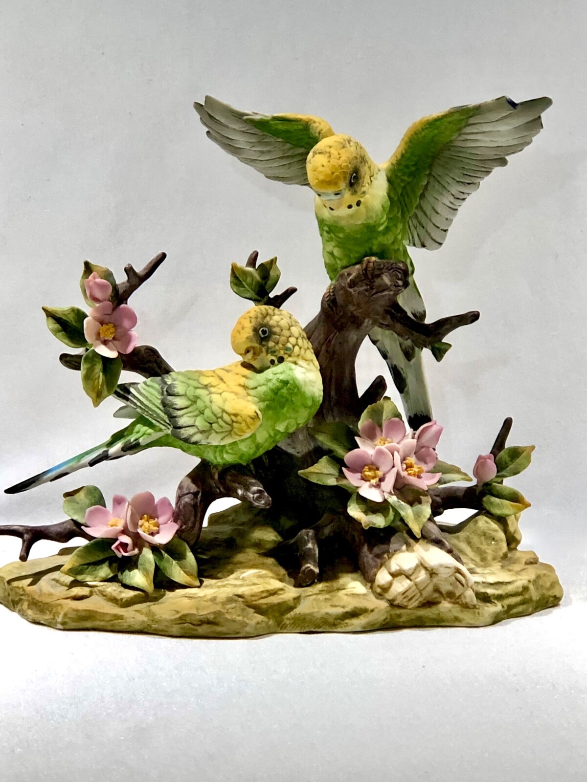 VINTAGE Ethan Allen Parakeets On Pink Flowering Branches Porcelain Bird Figurine