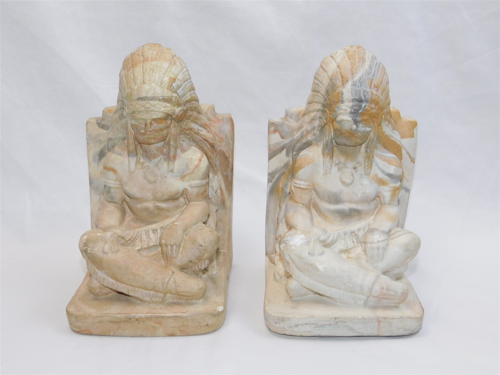 Pair Vtg Native American Bookends Montana Pottery Swirl Pattern 8″ Tall