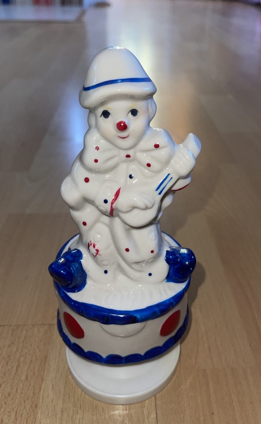 Spinning Musical Hand Painted Clown Figurine Glossy Polka Dot White Blue Red