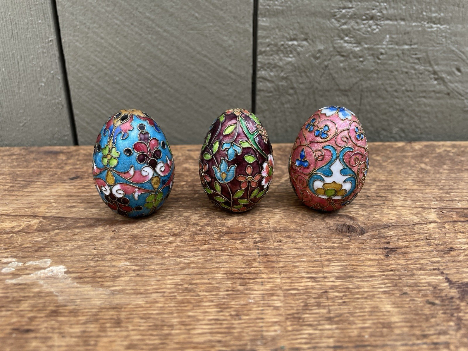 Lot of 3 Brass and Enamel Cloisonne Eggs 2″
