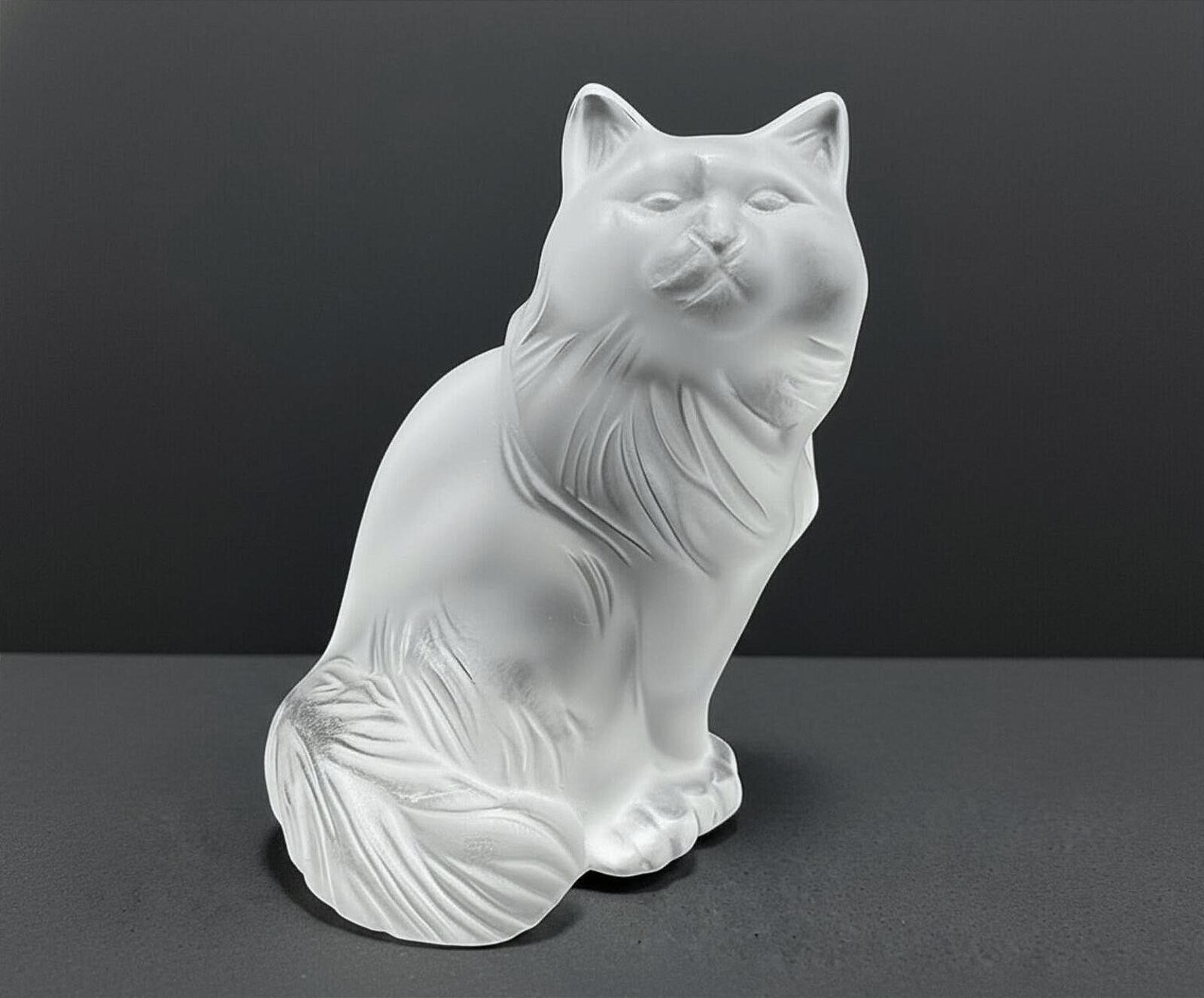 Lalique France Crystal Heggie Seated Cat Figurine in Orig Box – 3.5″ – Signed