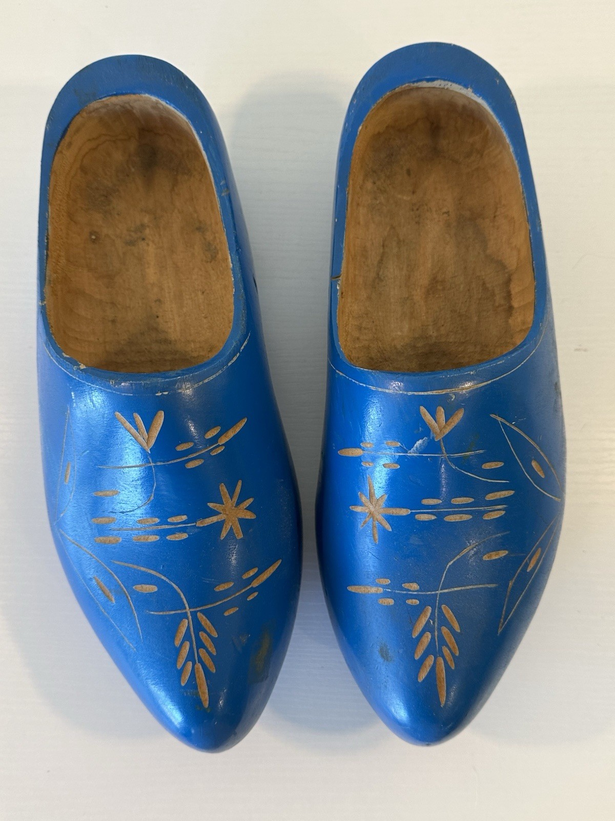 Vintage Dutch Holland Blue Wooden Shoes Clogs Handmade Floral Design 11”