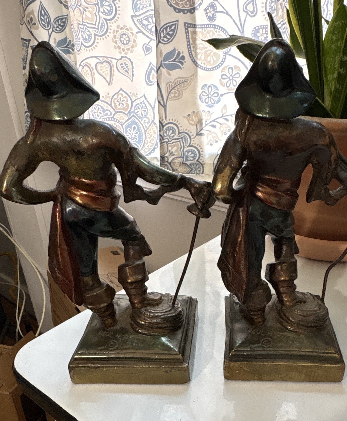 Paul Herzel Antique Pompeian Bronze Pirate Sculpture Bookends – Signed – Set