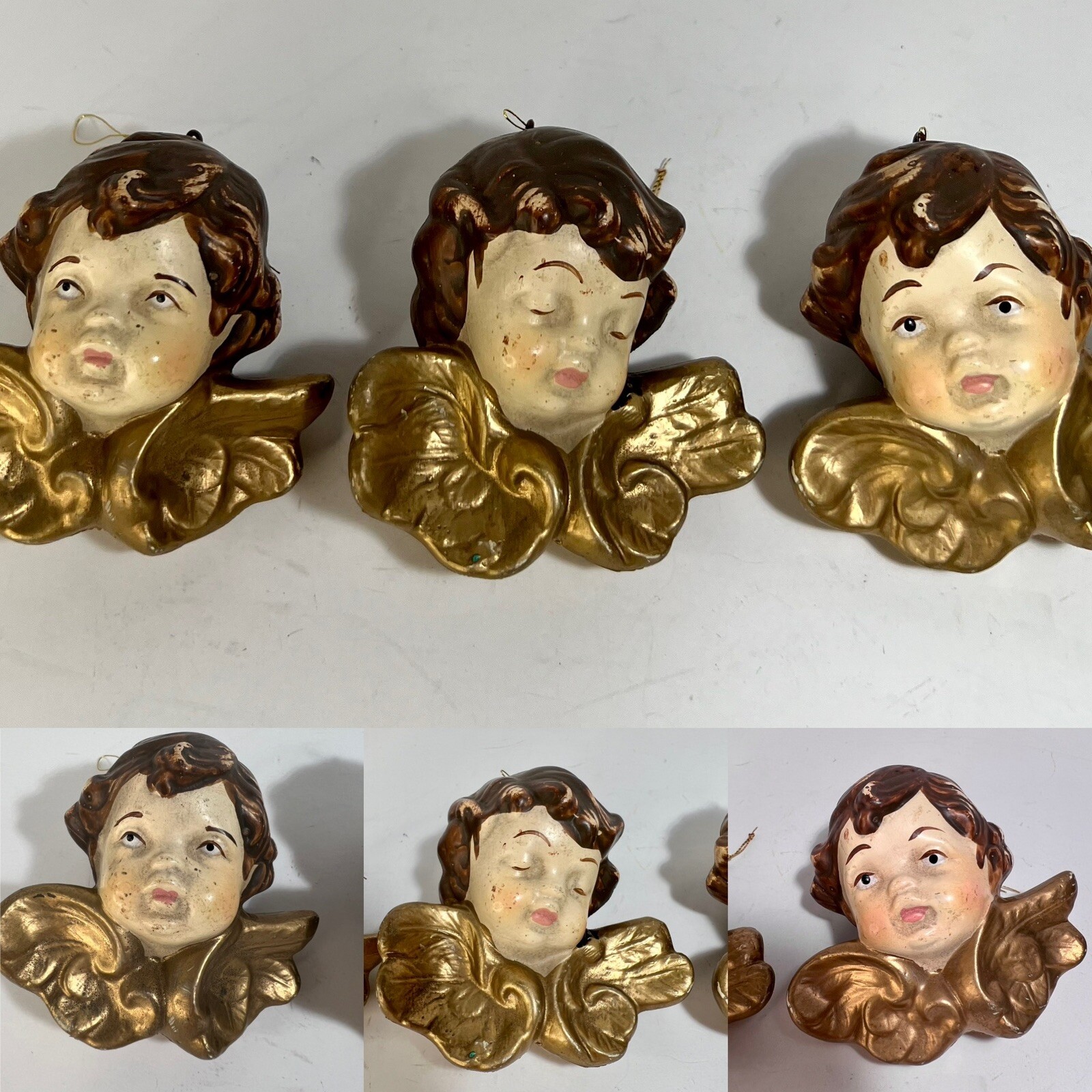 Vintage Set of 3 Angel Cherub Heads Painted Faces Gold Wings 3.5”