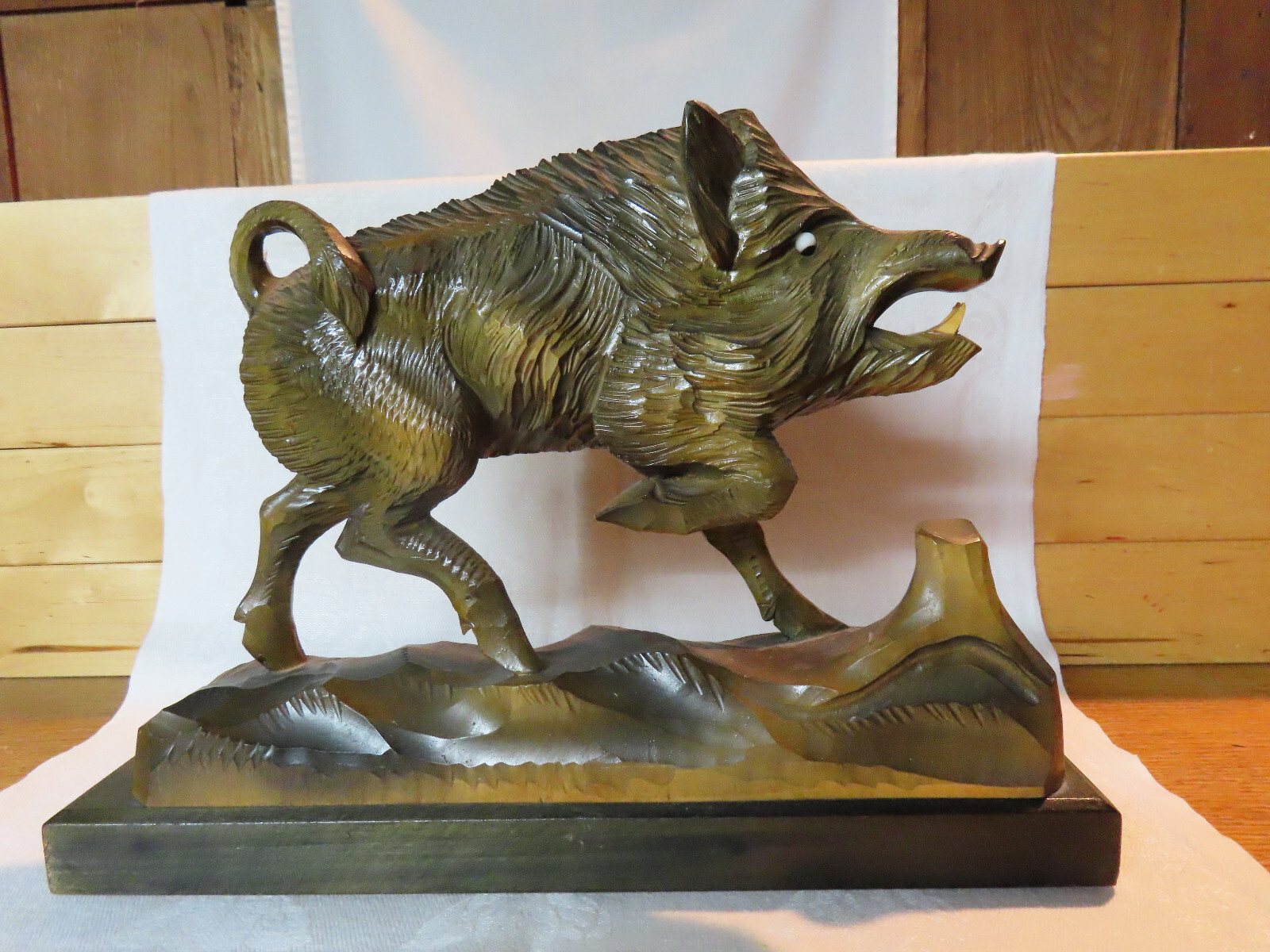 Vintage Black Forest hand carved wooden Wild Boar sculpture figure, glass eyes