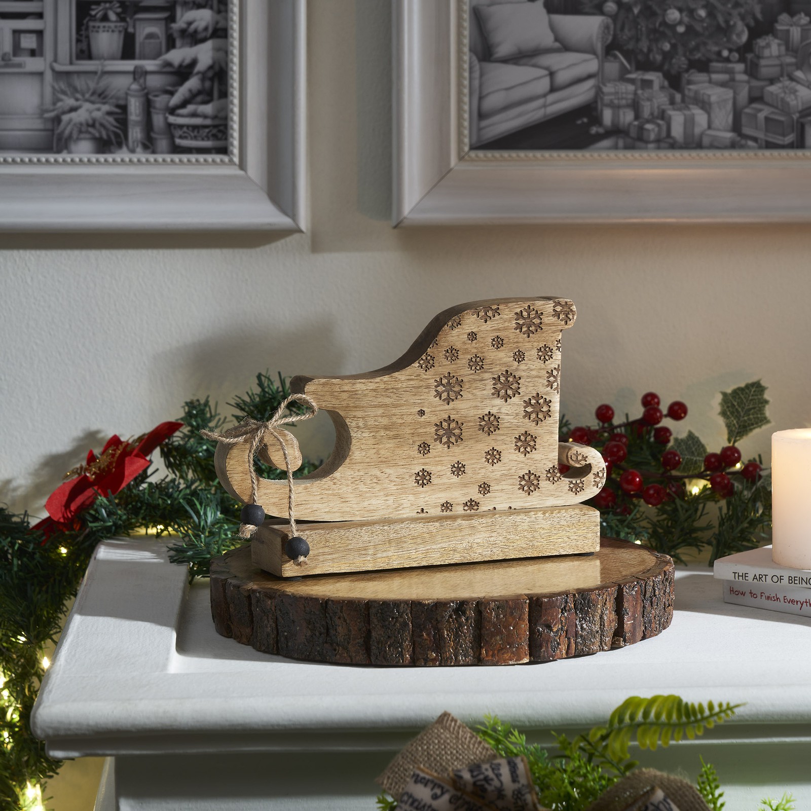 Natural Wooden Snowflake Sleigh 6×9.5×2 VHC Brands