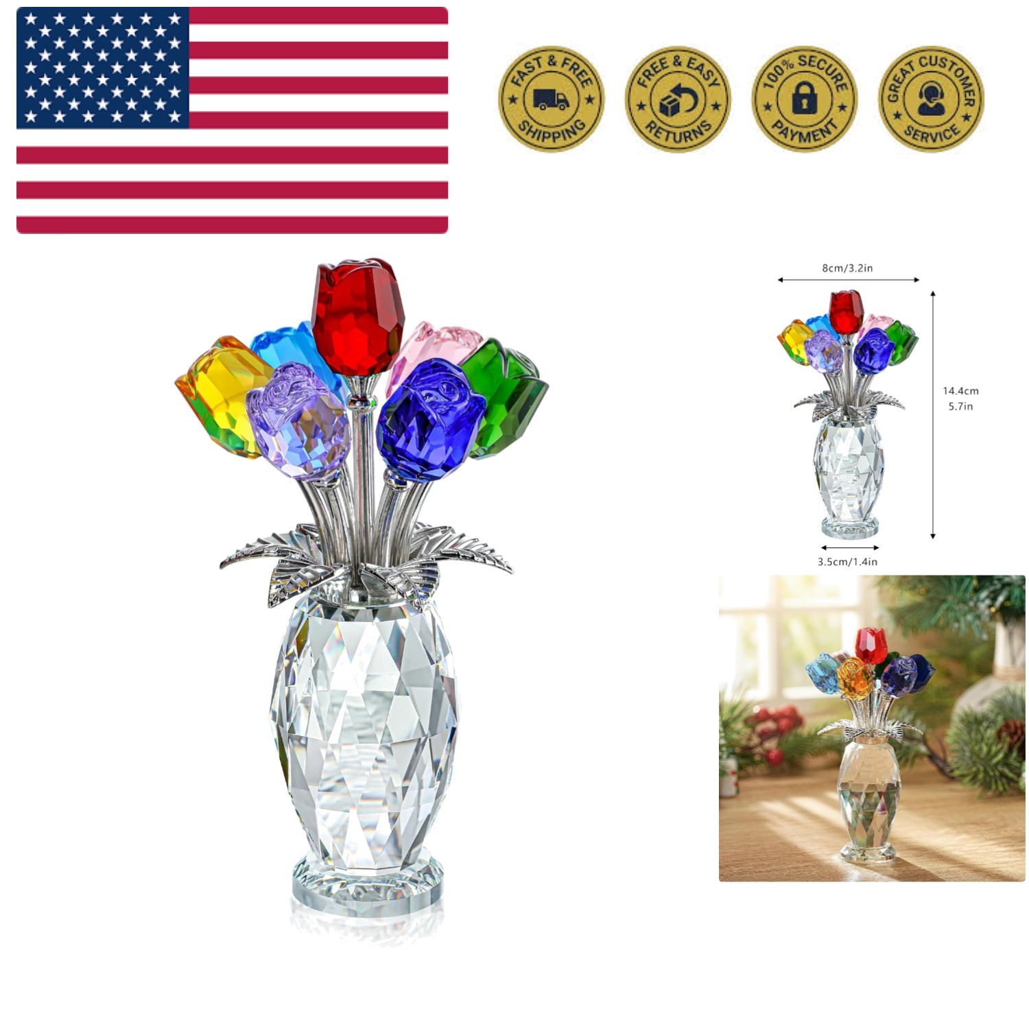 Colorful Crystal Rose Figurine – Rose Flower Gifts for Women – Wedding Party …