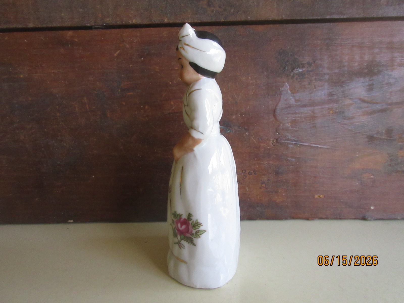 Vintage Ceramic Made in Japan Maid Figurine Bell Designed with Roses