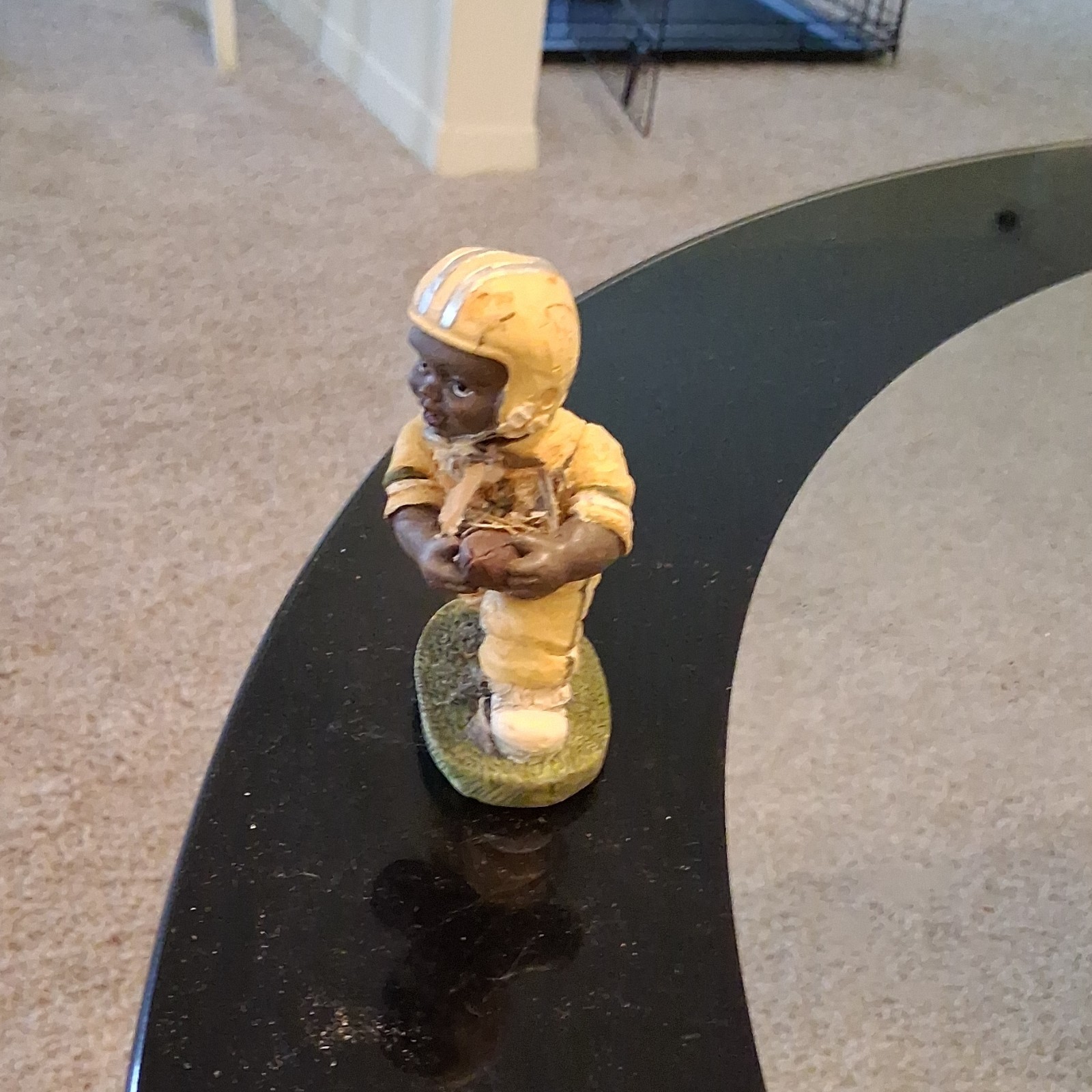 Painted Resin Football Player Figurine Holding Ball, Beige Green Brown, Small