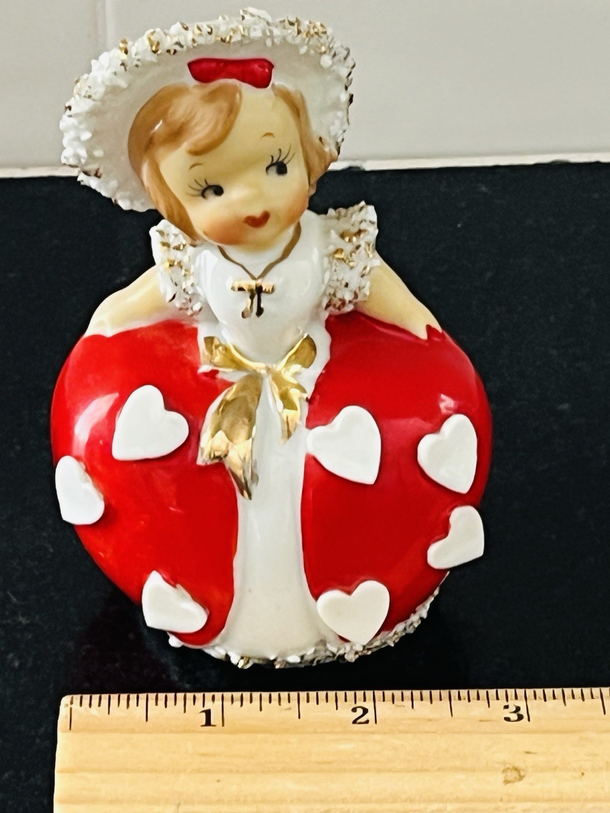 Vintage Lefton Valentine Ceramic Girl Bell Figurine Red Hearts Spaghetti Trim 4″