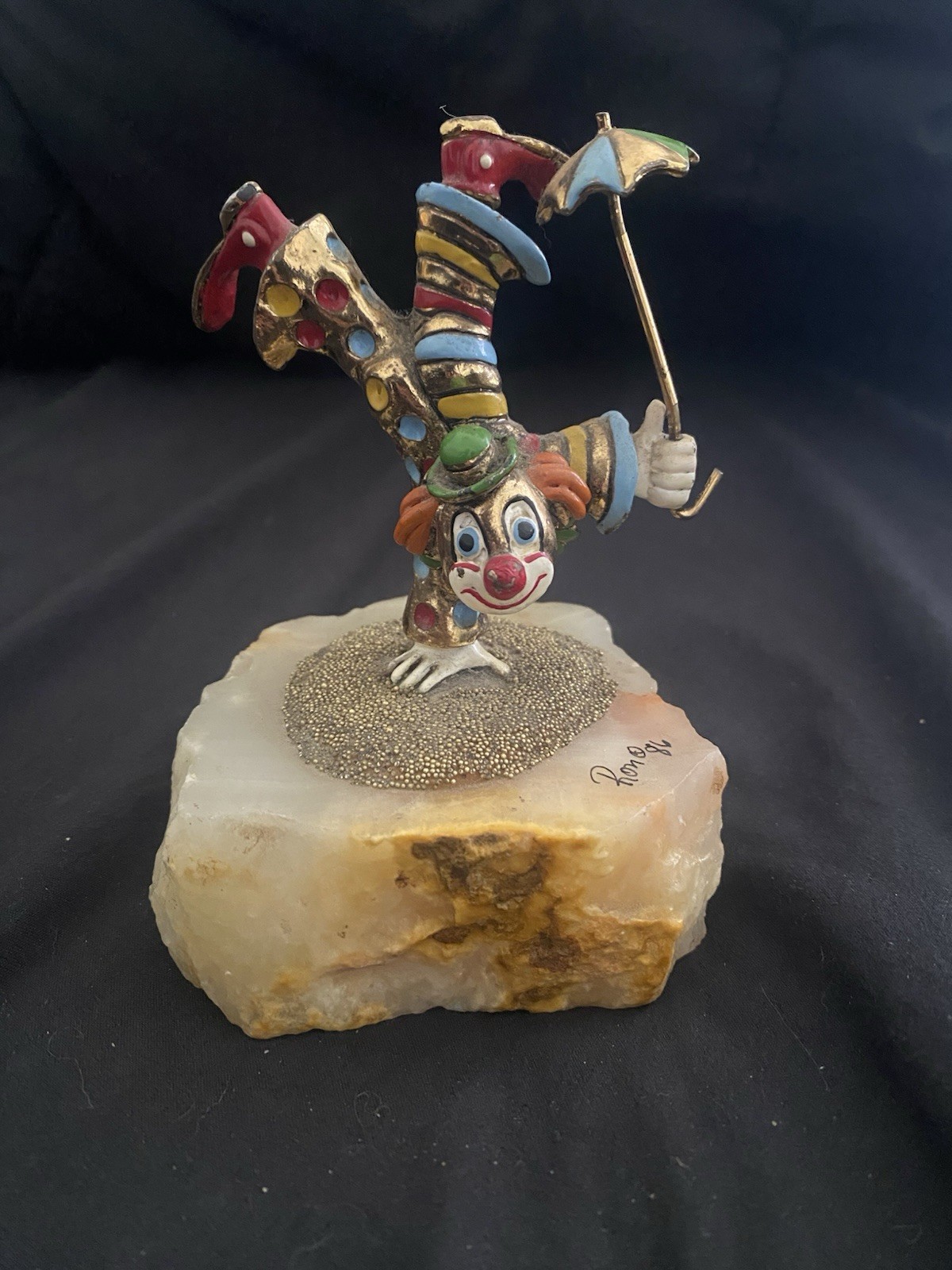 Vintage Ron Lee Signed 1986 Clown Acrobat Figurine Sculpture Onyx Base Umbrella