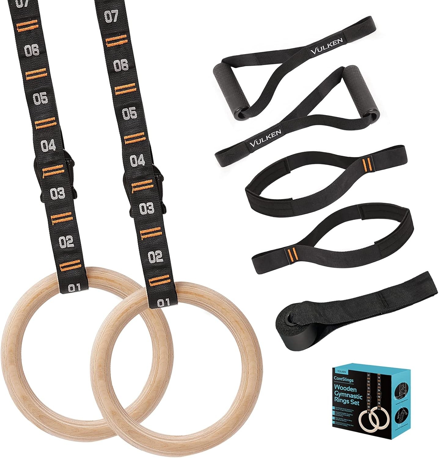 Vulken Wooden Gymnastic Rings with Adjustable Numbered Straps. 1.1” Olympic Rin
