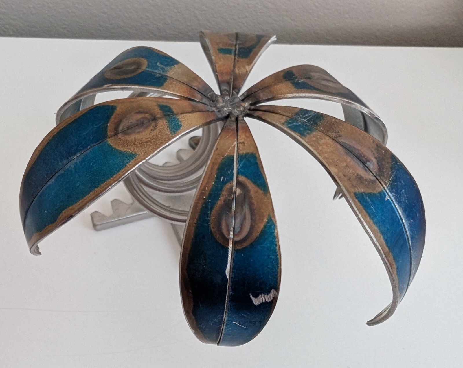 Brutalist flower sculpture recycled art blue silver tone metal tree unique