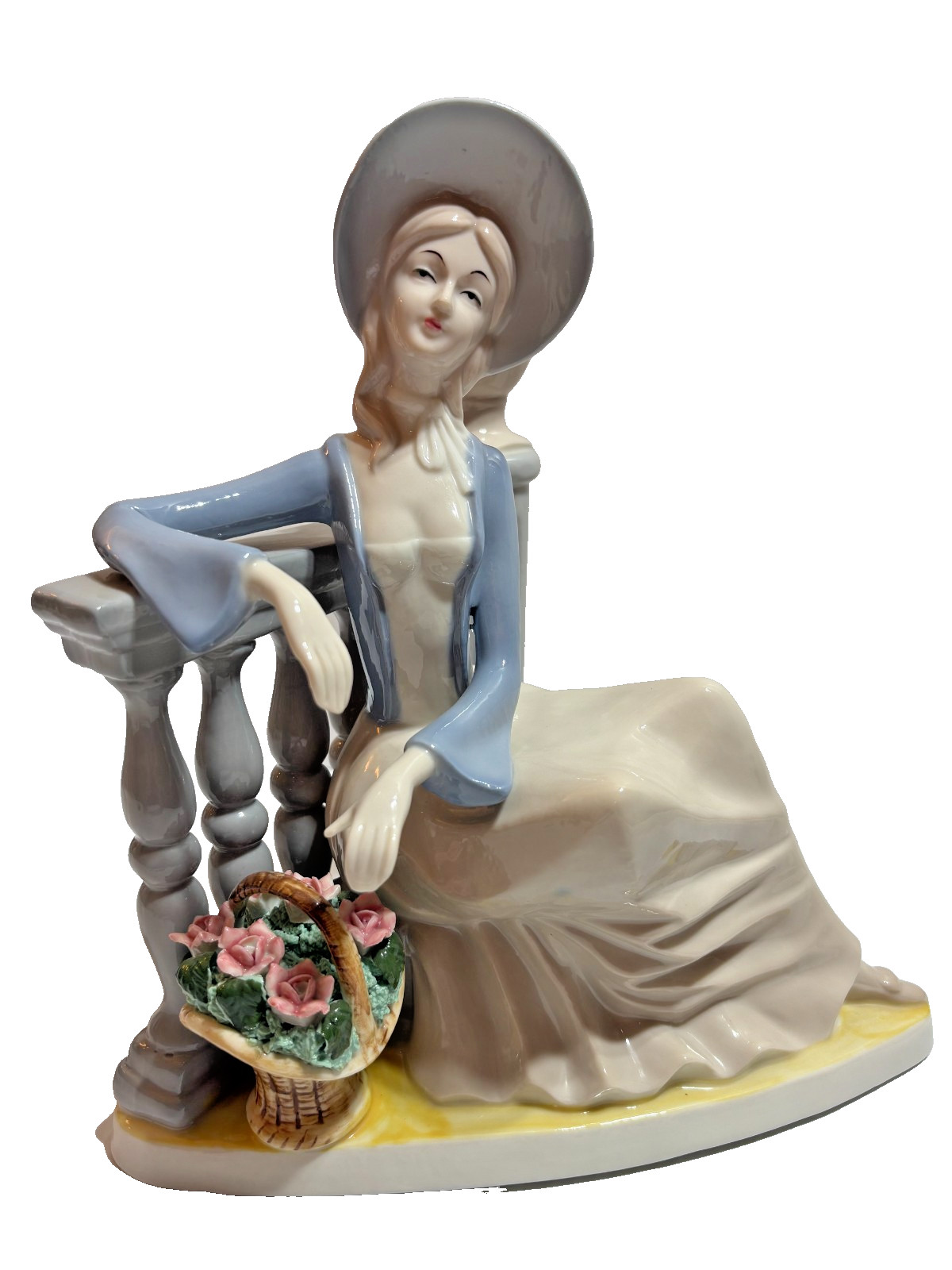 Vintage Blue Soft Pastels Porcelain Woman Lady with Flowers Fence Figurine 9″