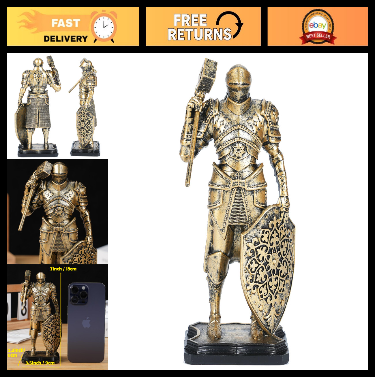7.1” Warrior Figurine – Medieval Knight Statue, Guard Ornament for Office & Hom