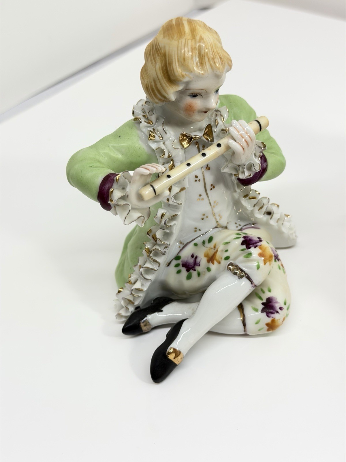 Vintage Made in Japan Porcelain Boy Playing Flute Figurine Green Coat 5” Gold T