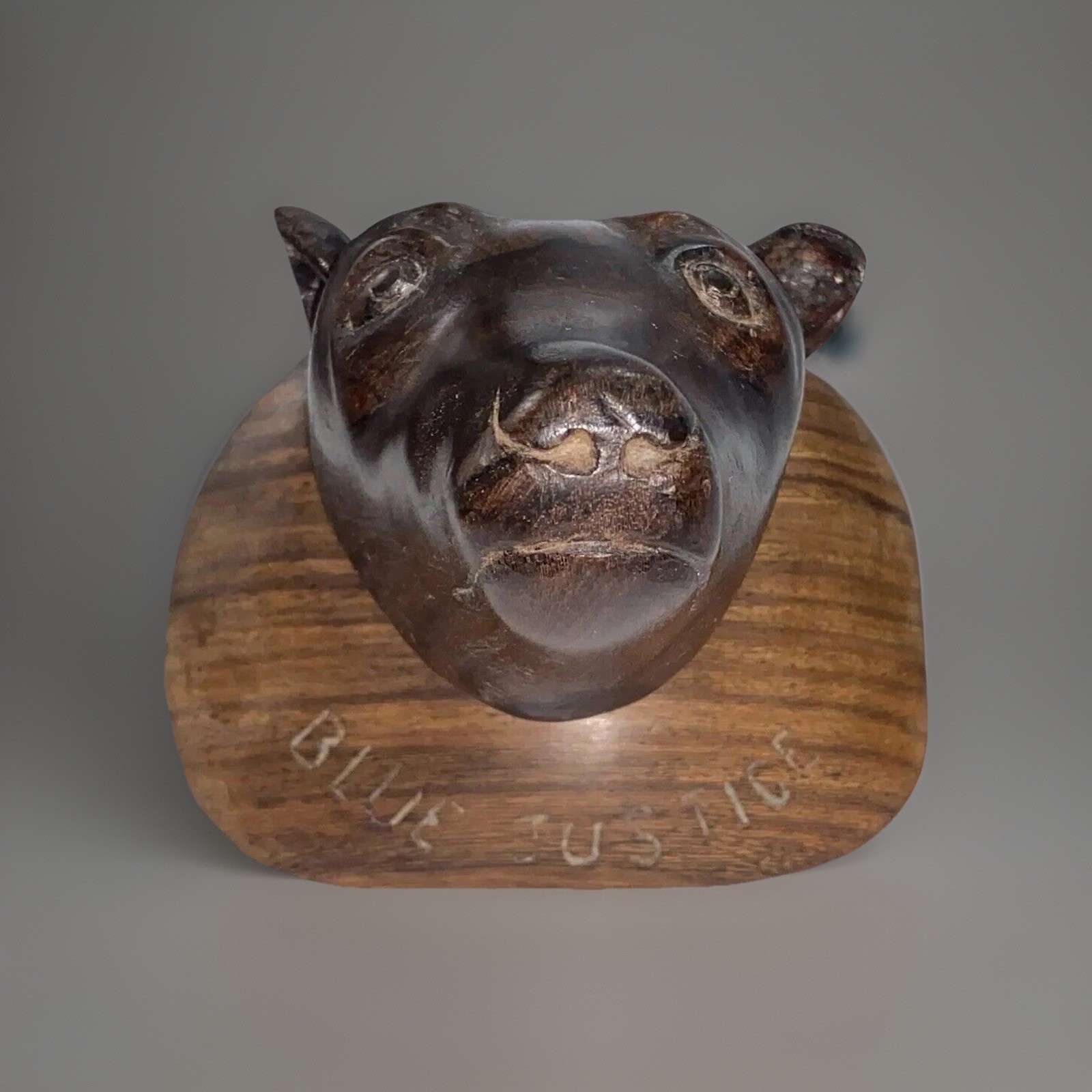 Vintage Zericote Wood Carved Dog Head Desk Top On A Wooden Base One Of A Kind