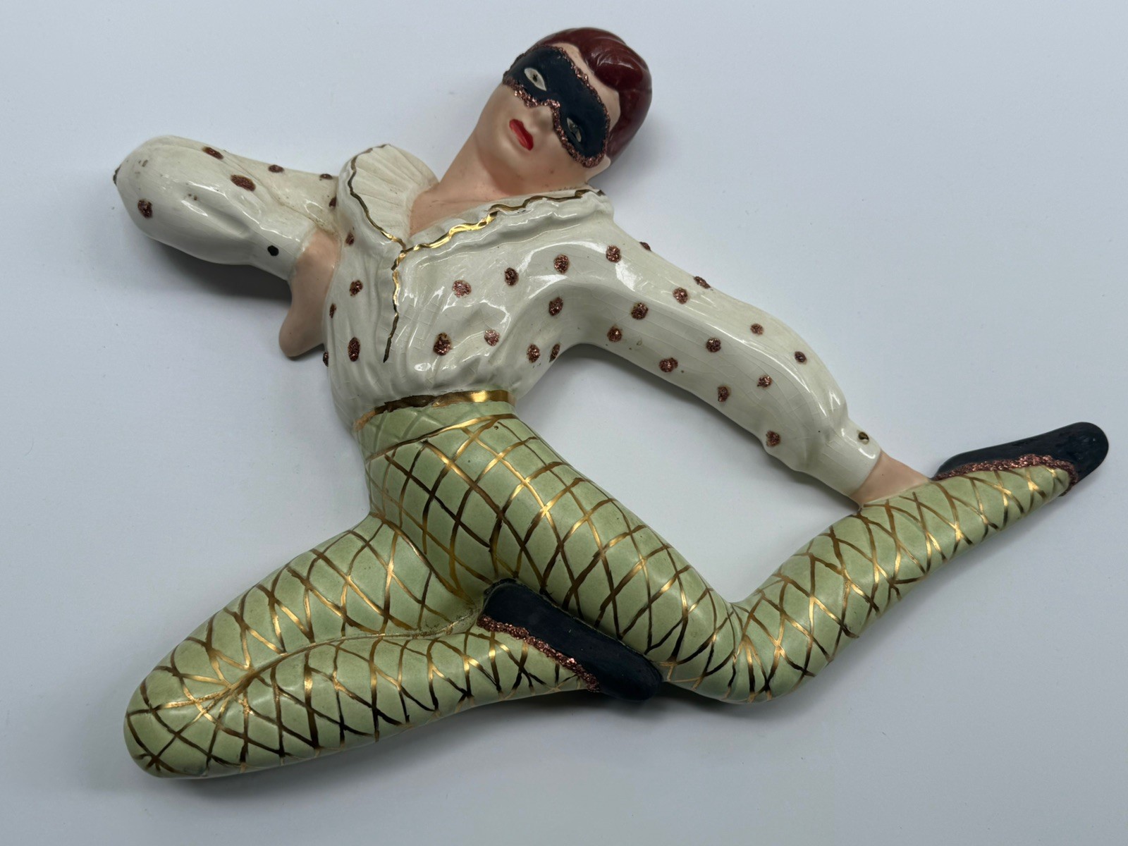 Vintage 1930s Art Deco Ivory & Green with Gold Masked Male Ballet Dancer MCM