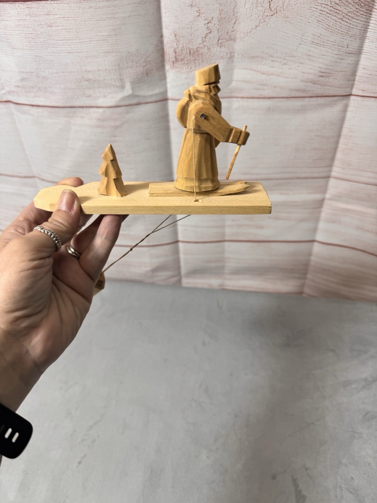 Russian Hand Carved Wood Moveable Skier Folk Art Wood Toy Primitive/Rustic