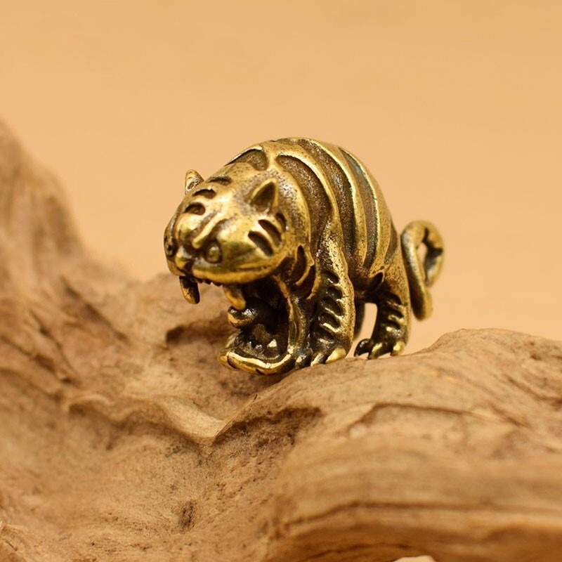 Solid Brass Fangs Tiger Statue Animal Figure Tea Pet Ornament Keychain Pendant