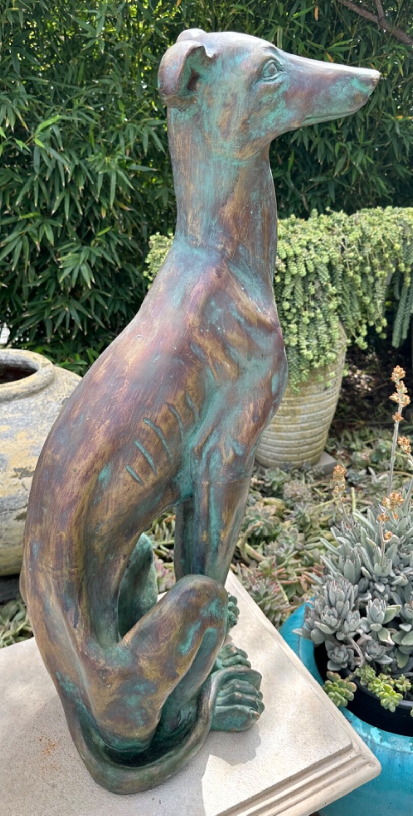 Vintage Italian Life Size Carved Wood Gold Verdigris Greyhound Baroque Sculpture