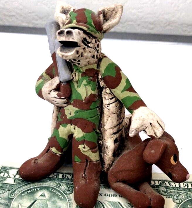 Texas Armadillo Clay Pottery Quirky Couple w Dog Handmade 4″ Hunter & Ballerina