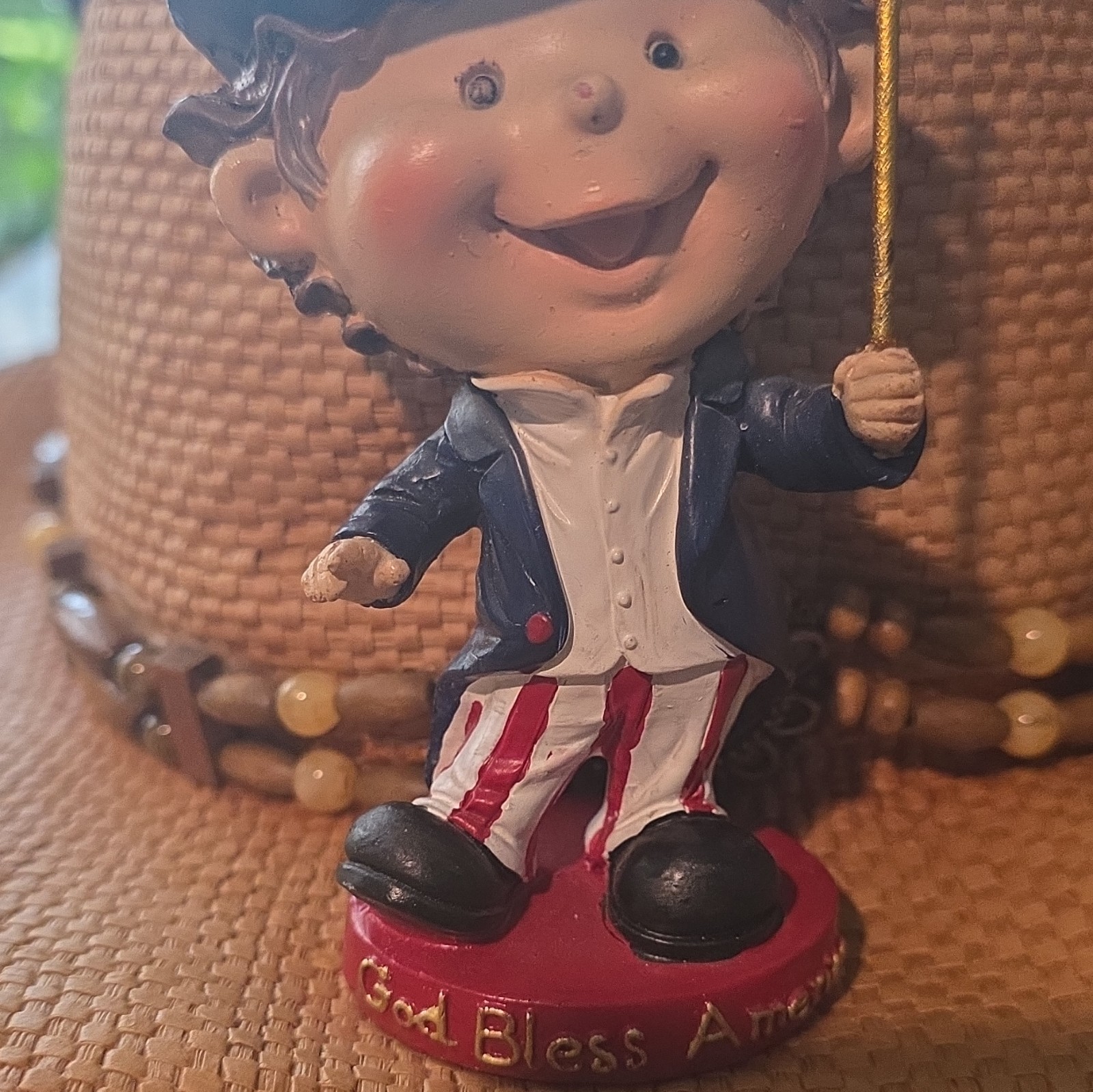 Hand Painted Resin Patriotic Boy Figurine Uncle Sam Flag Pole God Bless America