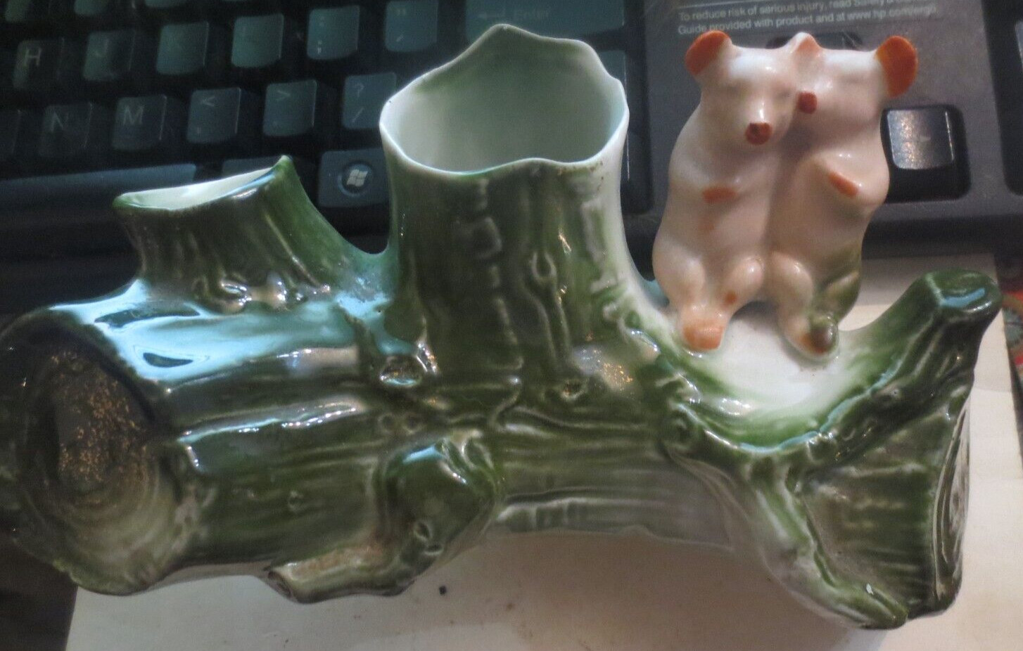 Anitque Vintage GERMAN FAIRING PIG Piglets sitting on Log Branch Anthropomorphic