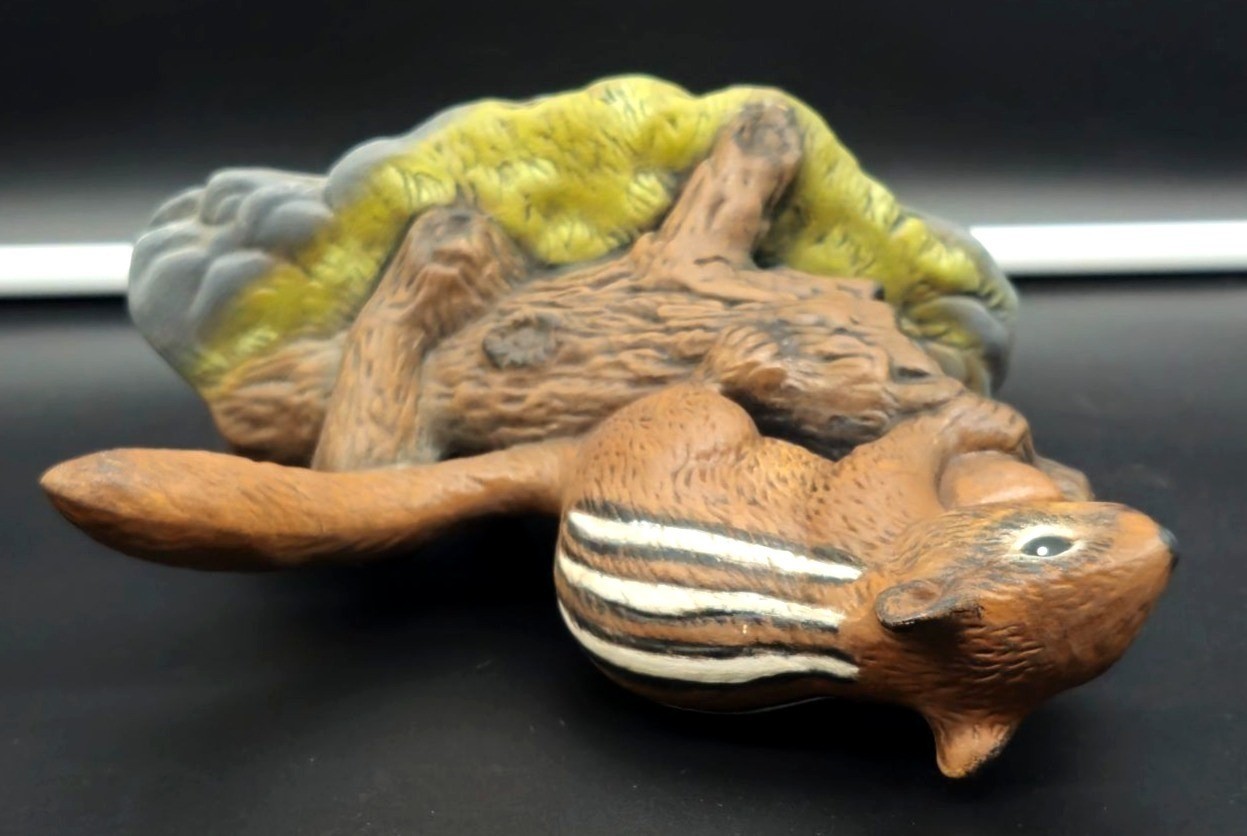 Ceramic Chipmunk On Log Woodland Decor Hand Painted Statue Rustic Wildlife