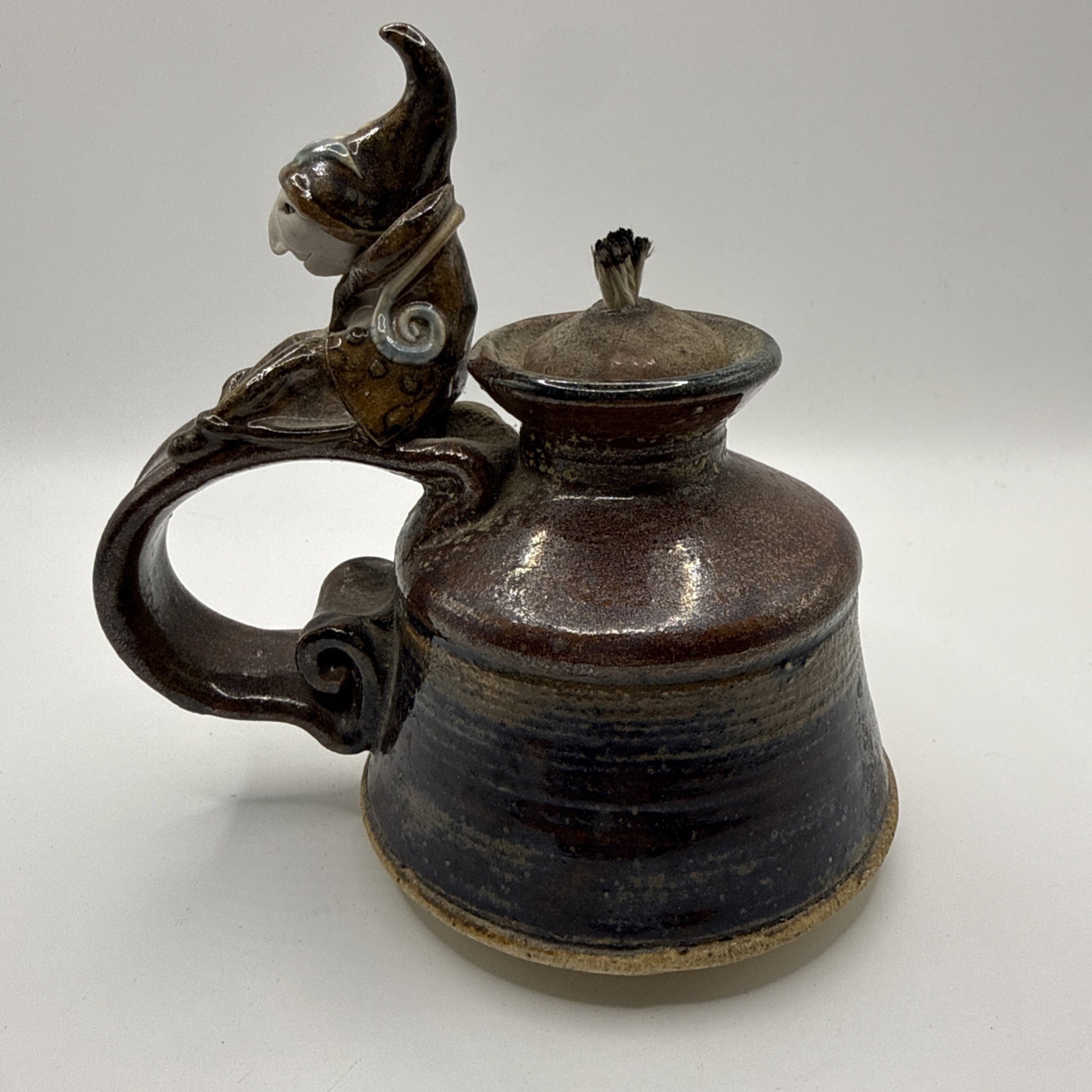 Handmade Studio Pottery Oil Lamp Stoneware Witch Fairy Signed 3.5” Base Vintage