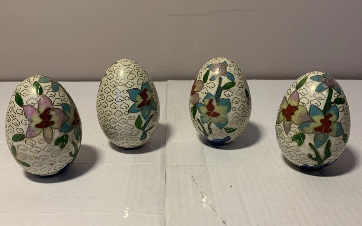 Vintage Multicolored Floral Enamel Cloisonné Egg Miniature Figurine 2.5”T Set-4