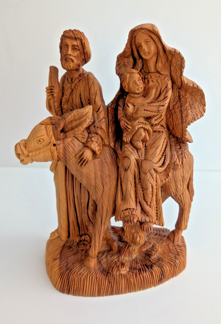 Hand-Carved Wood Figurine/Statue of HOLY FAMILY, Flight into Egypt; 8″ x 5″