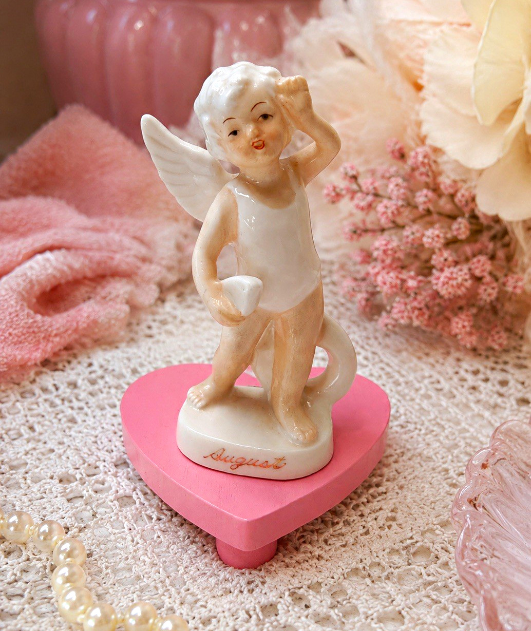 Vintage Ucagco Japan August Angel Ring Holder Porcelain Cherub Birthday Figurine