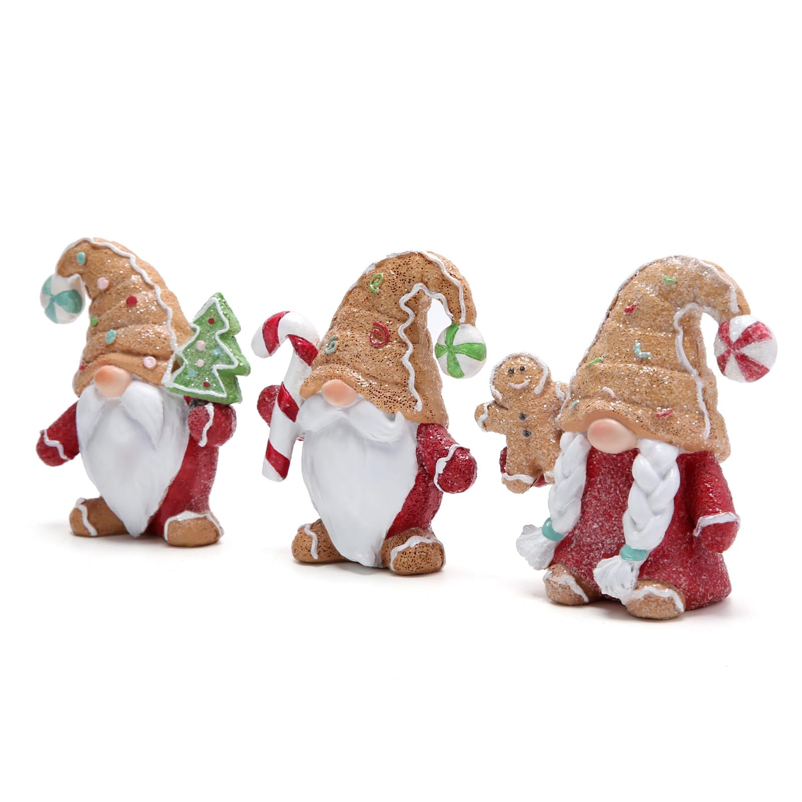 Christmas Gnome Figurines Set of 3, Hand-Painted Resin Gingerbread-Style Mini…