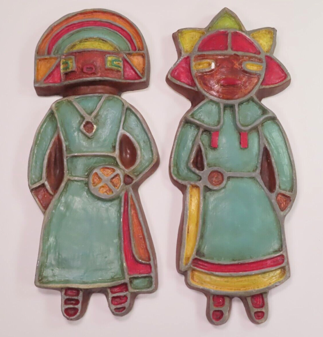 (2) Vintage Chalkware Chalk Ware Kachina Dolls Wall Decor Hand Painted 11.5″