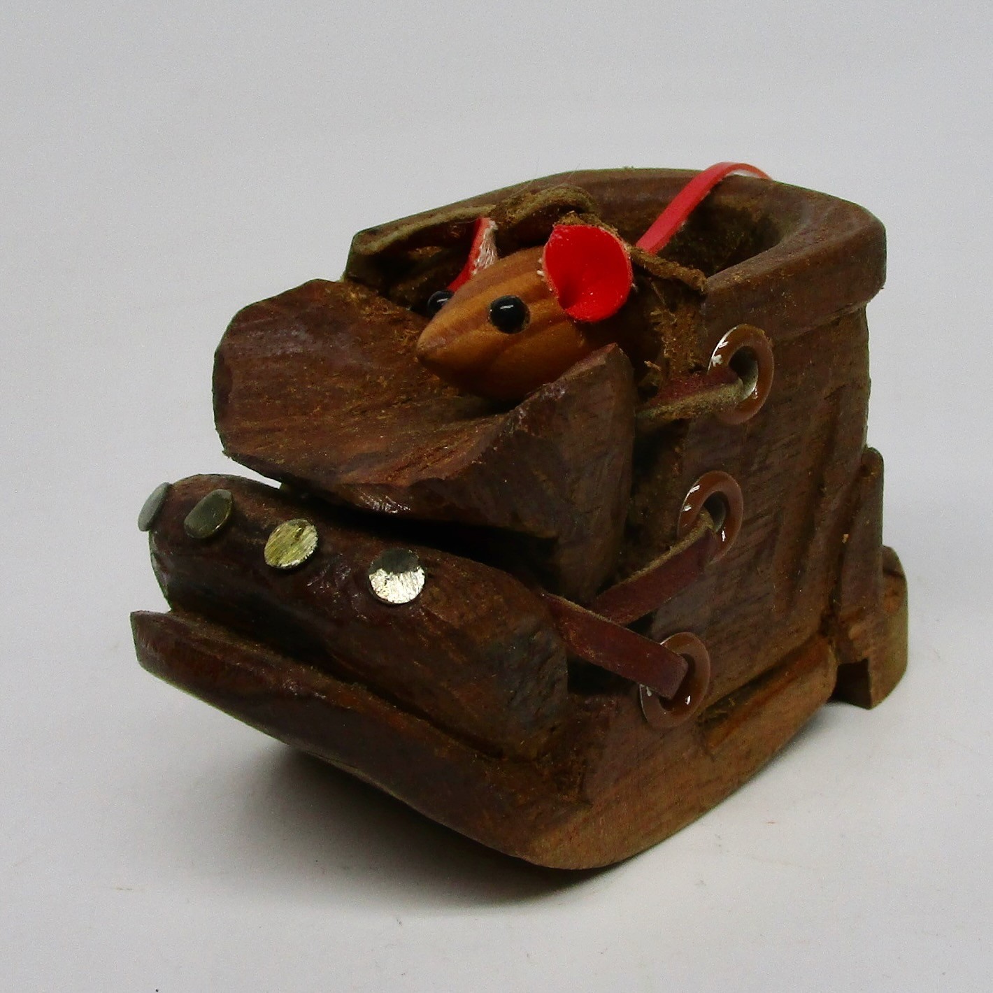 Vintage wood mouse in carved shoe boot mini figurine folk art red ears tail 2″