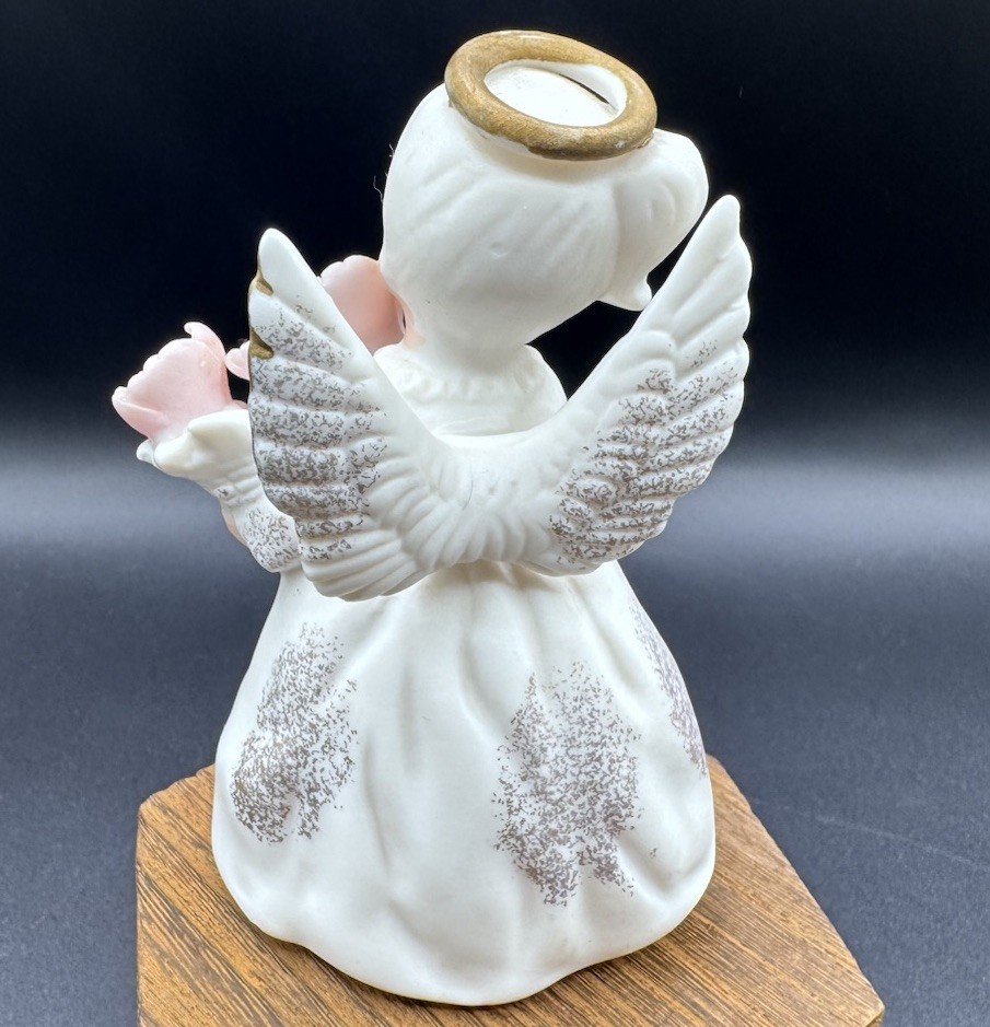 Vintage Lefton Porcelain August Birthday Angel Pink Flowers Gold Trim Figurine