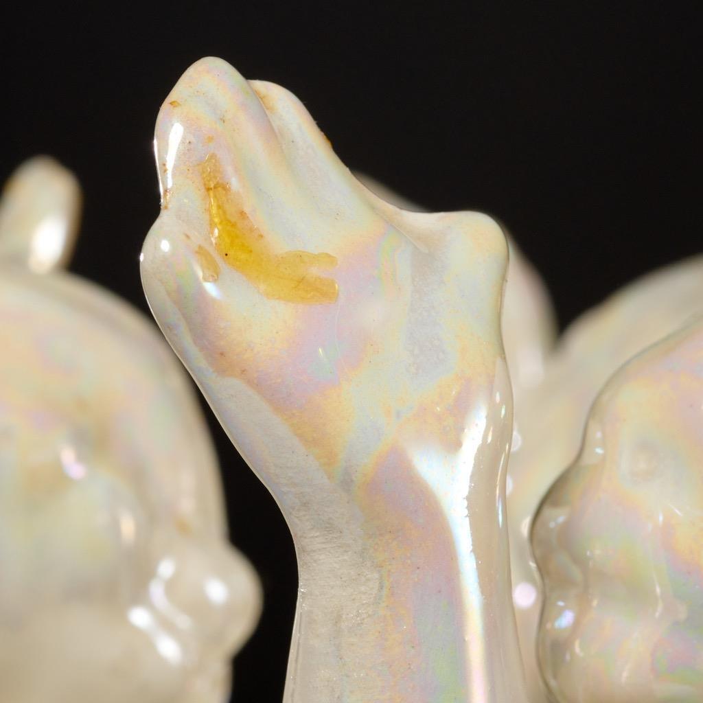 Ceramic Cherub Putti Iridescent Pedestal For Bowl Plate Vintage Plant Stand